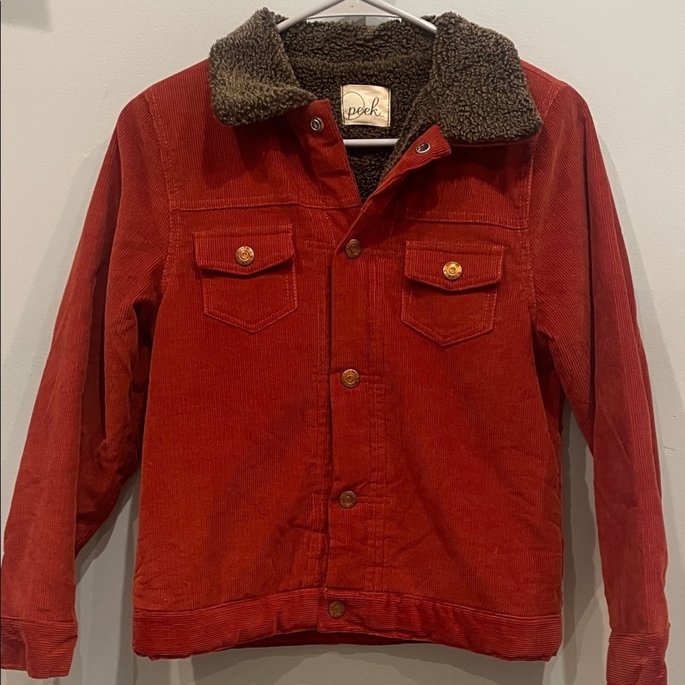 Peek Rust Corduroy Jacket with Brown Sherpa Collar and lining like new